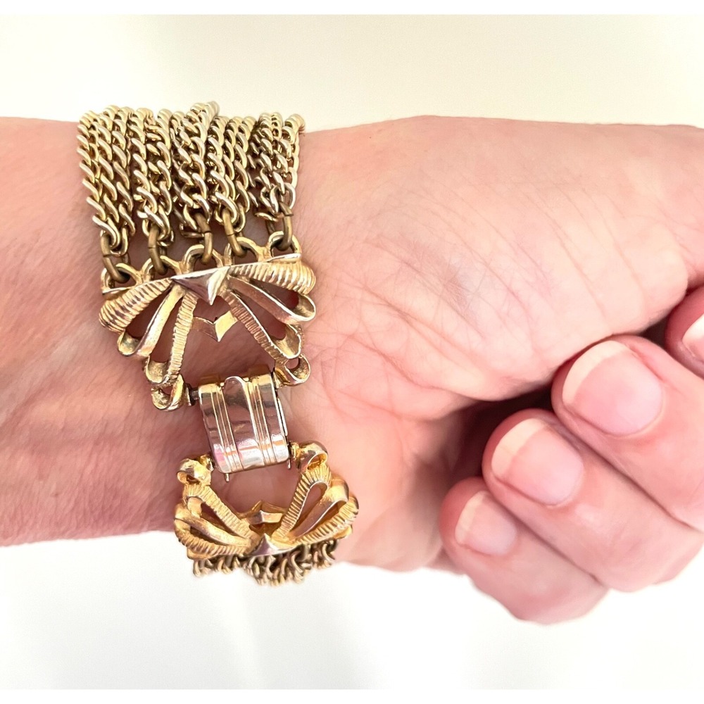 Bracelet Vintage Chunky Gold Tone Woven 10 Chain STAR Clasp Ribbon Design 7 inch